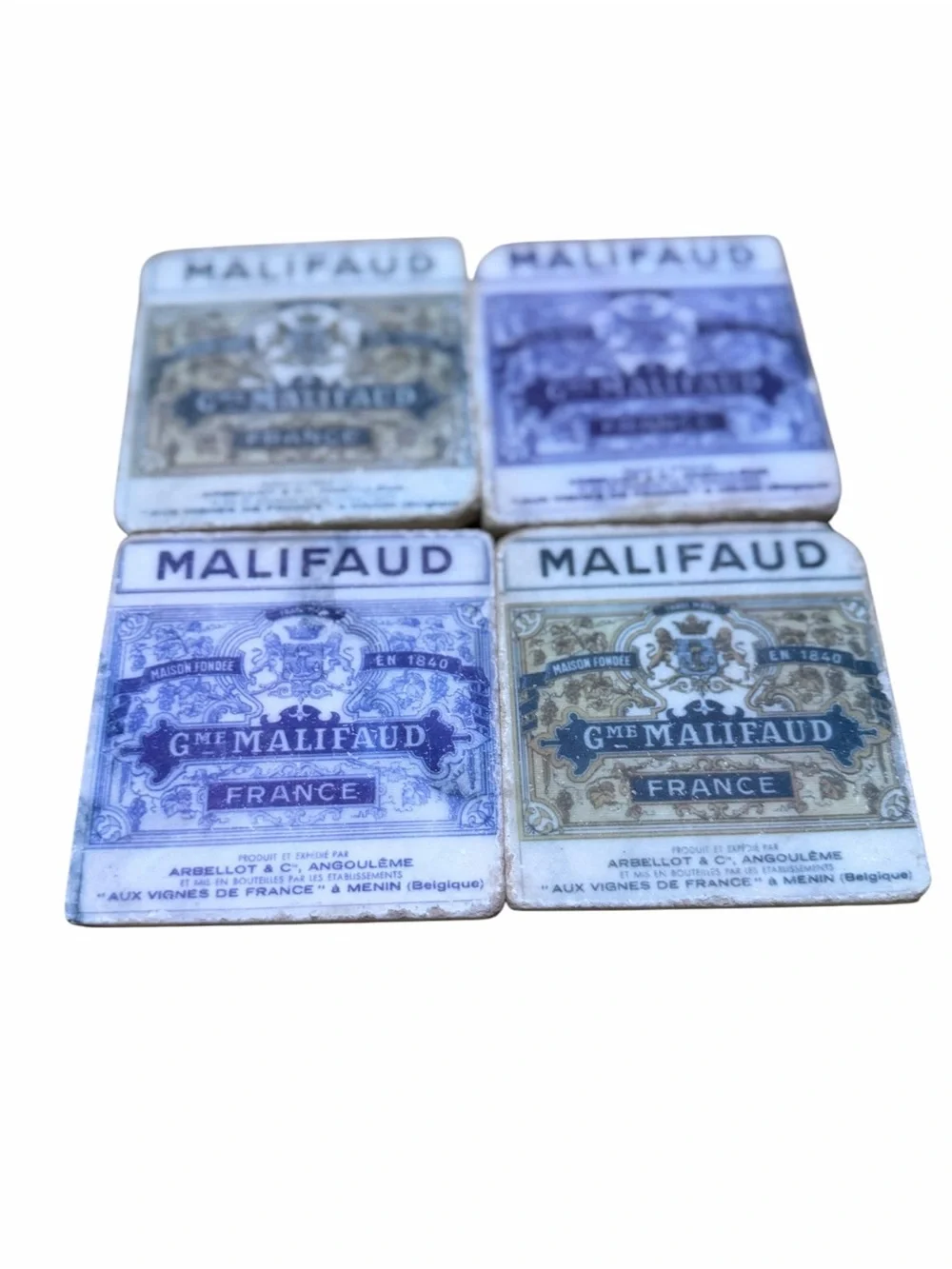 Vintage Malifaud Ceramic Coasters in White, Blue, Gold Tones